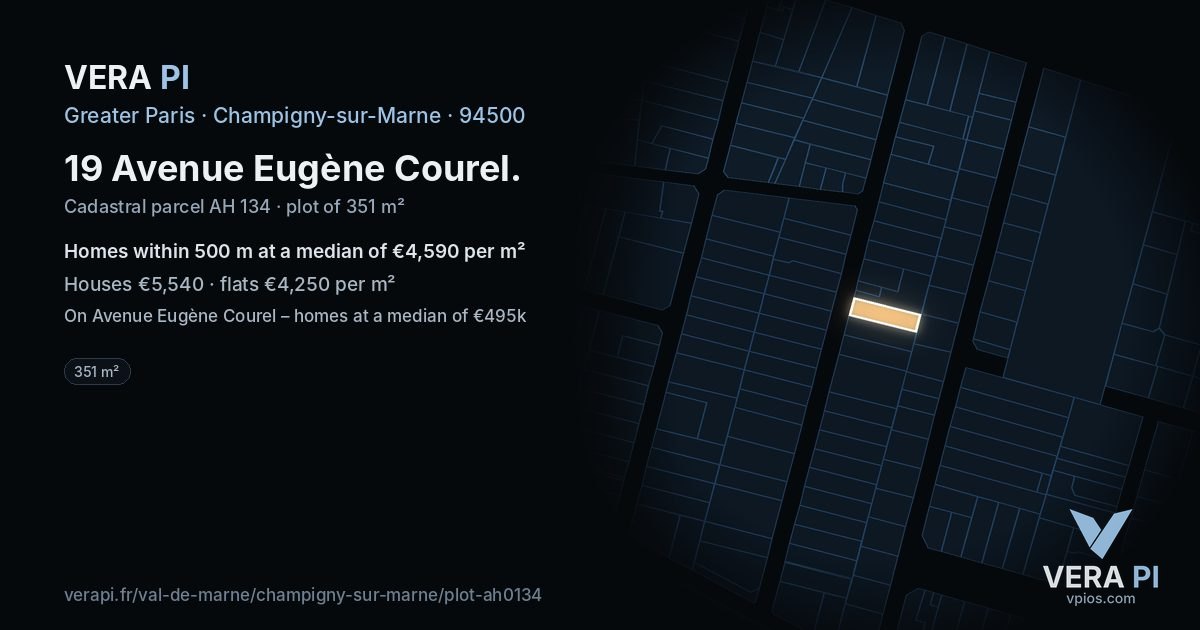 19 Avenue Eugène Courel, Champigny-sur-Marne at night – the plot lit, the parcels around coloured by the prices near them