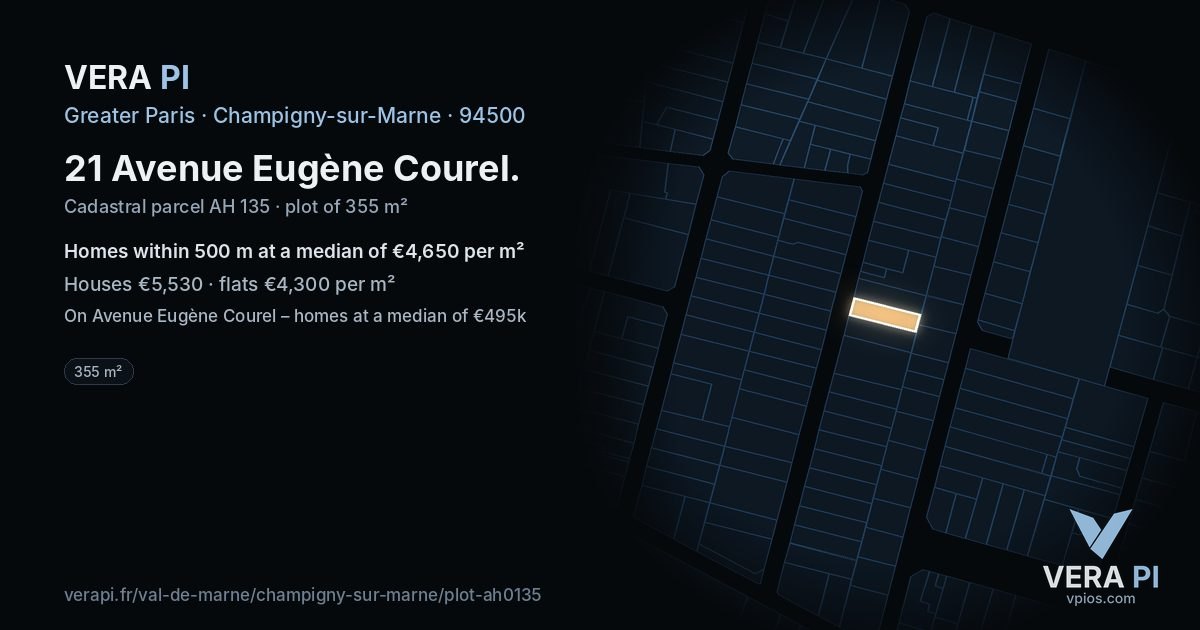21 Avenue Eugène Courel, Champigny-sur-Marne at night – the plot lit, the parcels around coloured by the prices near them