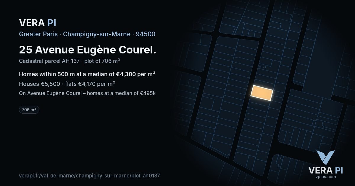 25 Avenue Eugène Courel, Champigny-sur-Marne at night – the plot lit, the parcels around coloured by the prices near them