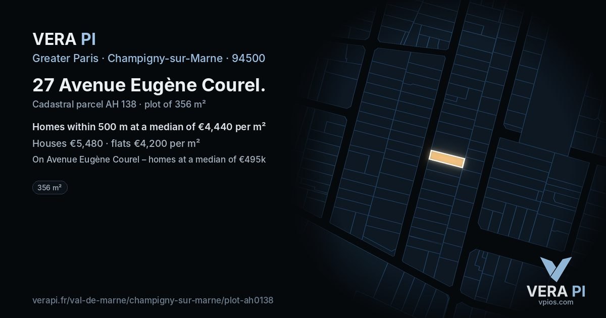 27 Avenue Eugène Courel, Champigny-sur-Marne at night – the plot lit, the parcels around coloured by the prices near them