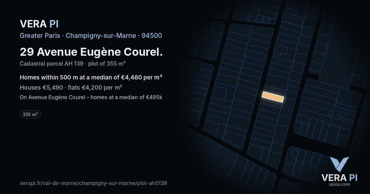 29 Avenue Eugène Courel, Champigny-sur-Marne at night – the plot lit, the parcels around coloured by the prices near them