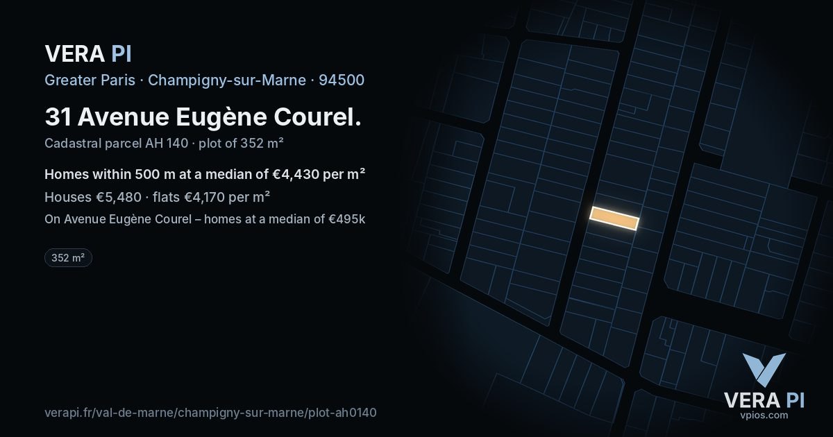 31 Avenue Eugène Courel, Champigny-sur-Marne at night – the plot lit, the parcels around coloured by the prices near them