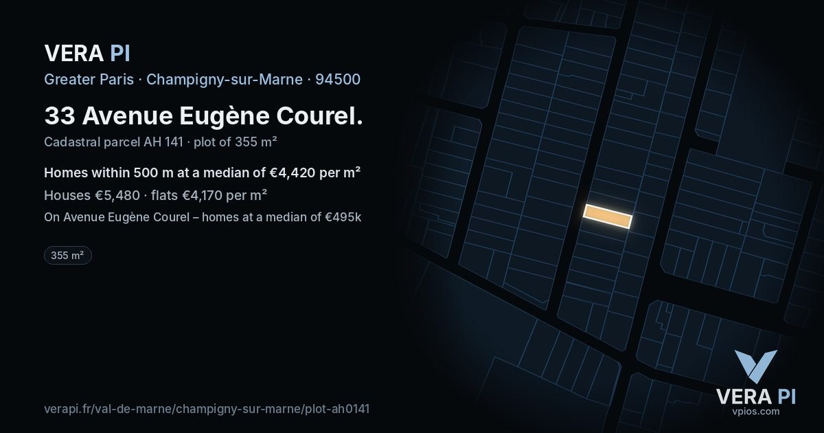 33 Avenue Eugène Courel, Champigny-sur-Marne at night – the plot lit, the parcels around coloured by the prices near them