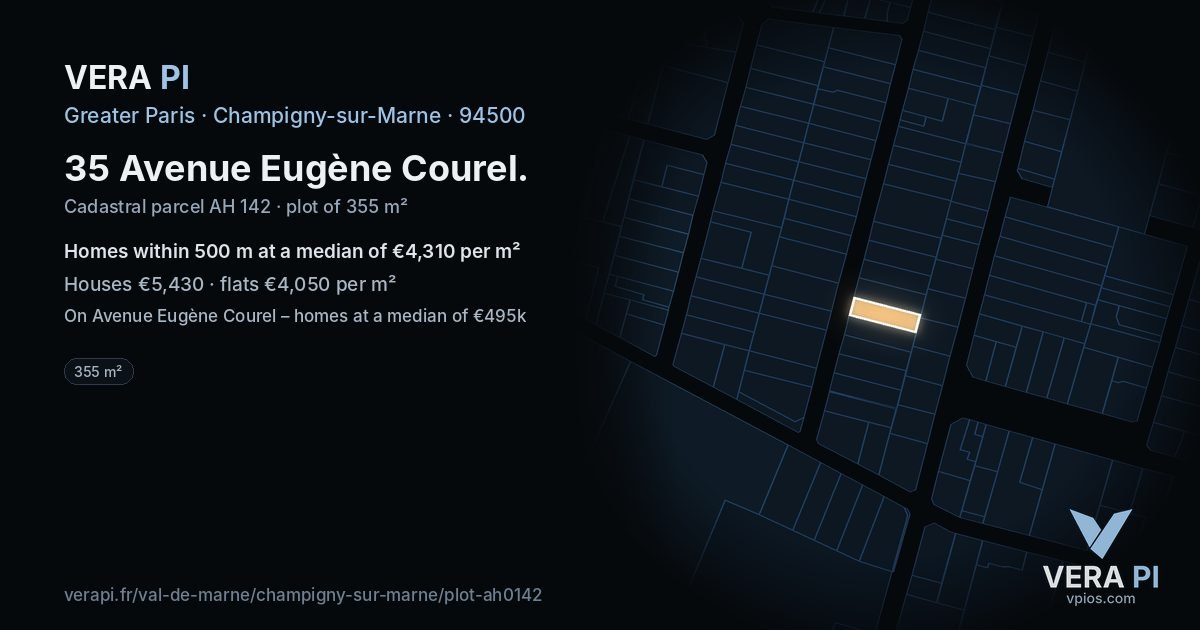 35 Avenue Eugène Courel, Champigny-sur-Marne at night – the plot lit, the parcels around coloured by the prices near them