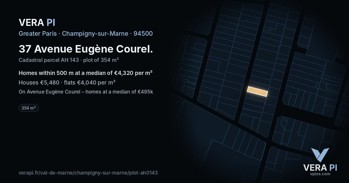 37 Avenue Eugène Courel, Champigny-sur-Marne at night – the plot lit, the parcels around coloured by the prices near them