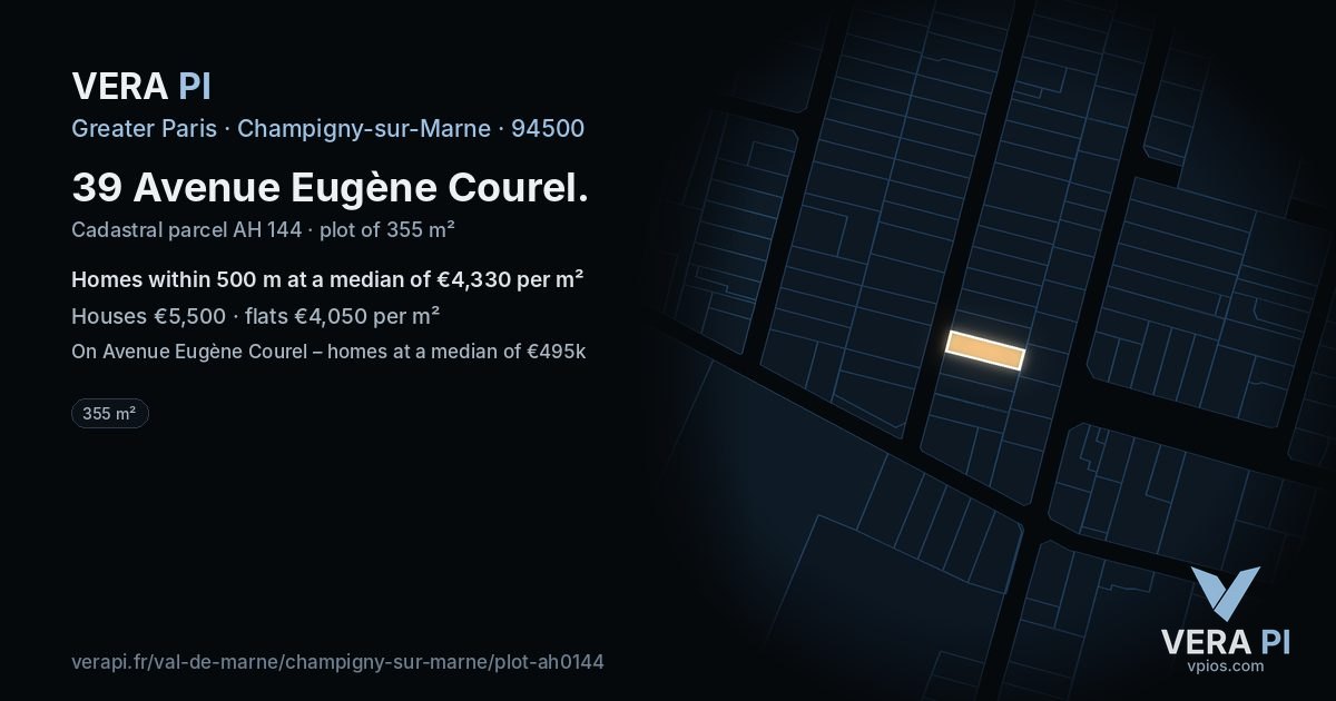 39 Avenue Eugène Courel, Champigny-sur-Marne at night – the plot lit, the parcels around coloured by the prices near them