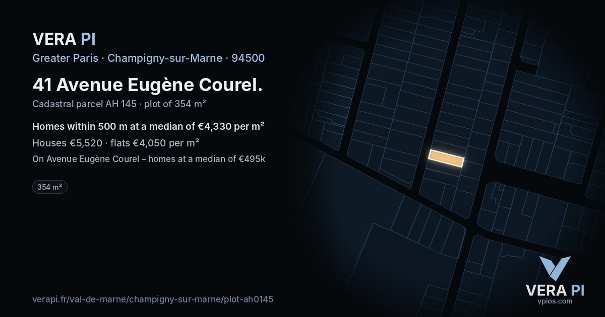 41 Avenue Eugène Courel, Champigny-sur-Marne at night – the plot lit, the parcels around coloured by the prices near them