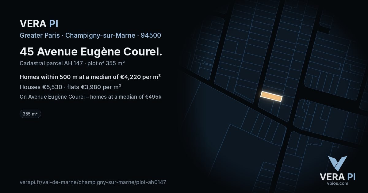 45 Avenue Eugène Courel, Champigny-sur-Marne at night – the plot lit, the parcels around coloured by the prices near them