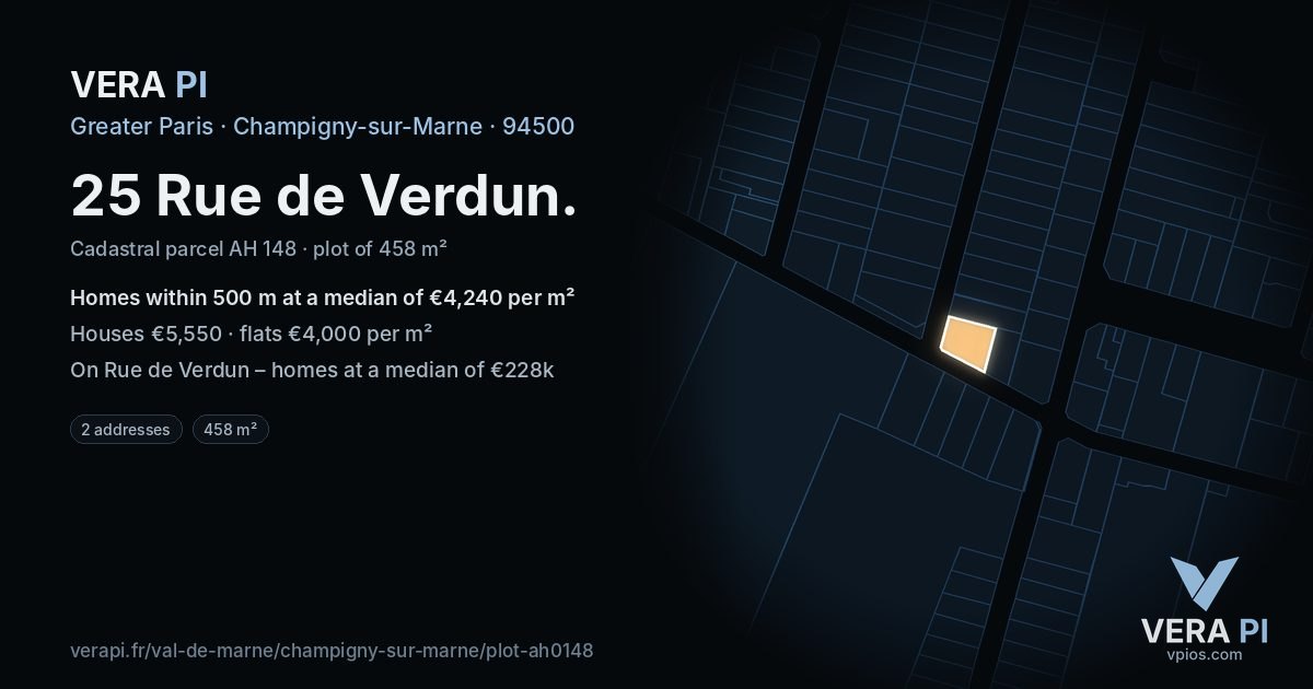 25 Rue de Verdun, Champigny-sur-Marne at night – the plot lit, the parcels around coloured by the prices near them