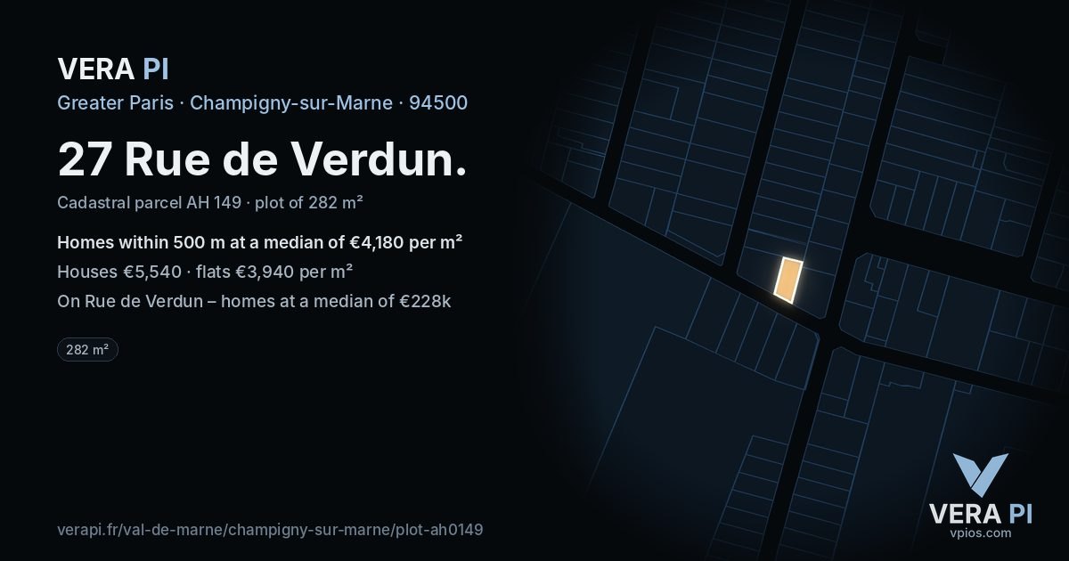 27 Rue de Verdun, Champigny-sur-Marne at night – the plot lit, the parcels around coloured by the prices near them