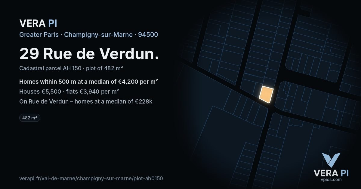 29 Rue de Verdun, Champigny-sur-Marne at night – the plot lit, the parcels around coloured by the prices near them