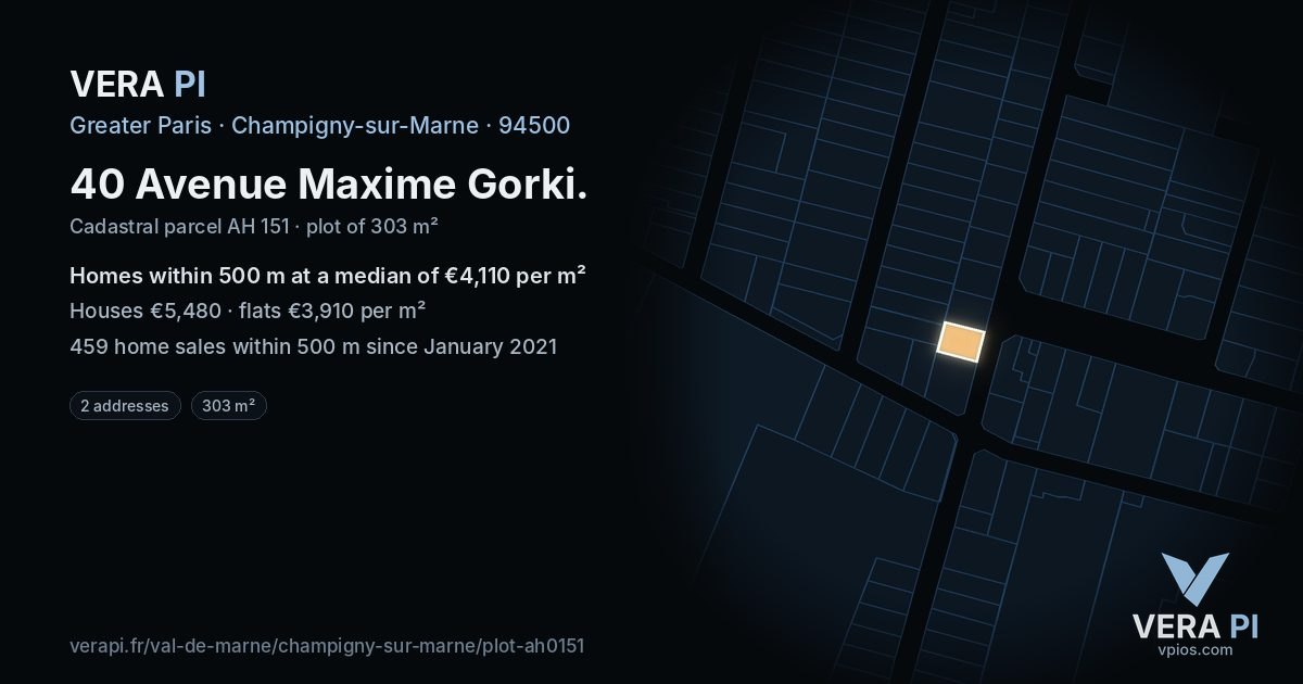 40 Avenue Maxime Gorki, Champigny-sur-Marne at night – the plot lit, the parcels around coloured by the prices near them