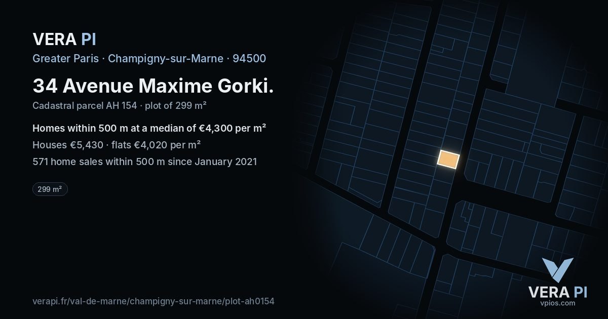 34 Avenue Maxime Gorki, Champigny-sur-Marne at night – the plot lit, the parcels around coloured by the prices near them