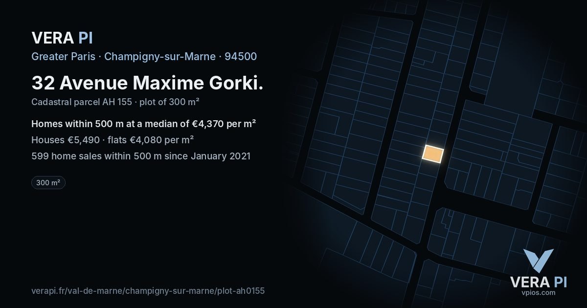 32 Avenue Maxime Gorki, Champigny-sur-Marne at night – the plot lit, the parcels around coloured by the prices near them
