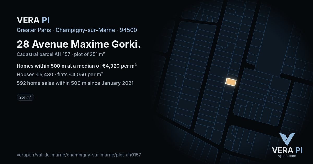 28 Avenue Maxime Gorki, Champigny-sur-Marne at night – the plot lit, the parcels around coloured by the prices near them