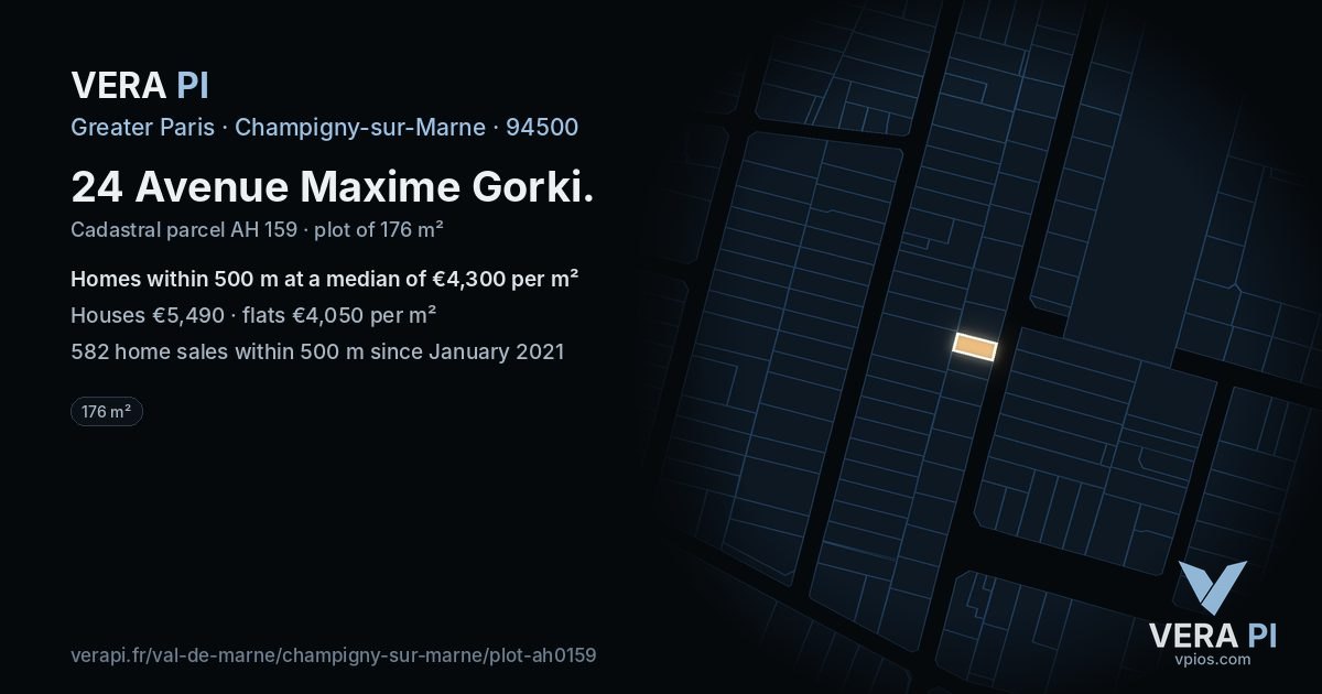 24 Avenue Maxime Gorki, Champigny-sur-Marne at night – the plot lit, the parcels around coloured by the prices near them