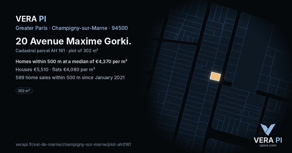 20 Avenue Maxime Gorki, Champigny-sur-Marne at night – the plot lit, the parcels around coloured by the prices near them