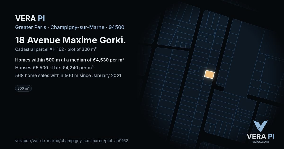 18 Avenue Maxime Gorki, Champigny-sur-Marne at night – the plot lit, the parcels around coloured by the prices near them