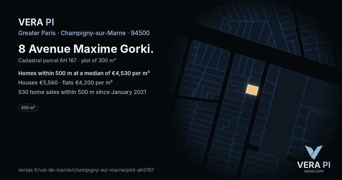 8 Avenue Maxime Gorki, Champigny-sur-Marne at night – the plot lit, the parcels around coloured by the prices near them