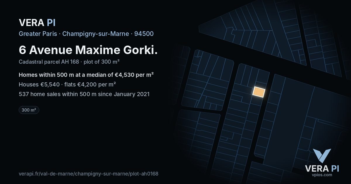 6 Avenue Maxime Gorki, Champigny-sur-Marne at night – the plot lit, the parcels around coloured by the prices near them