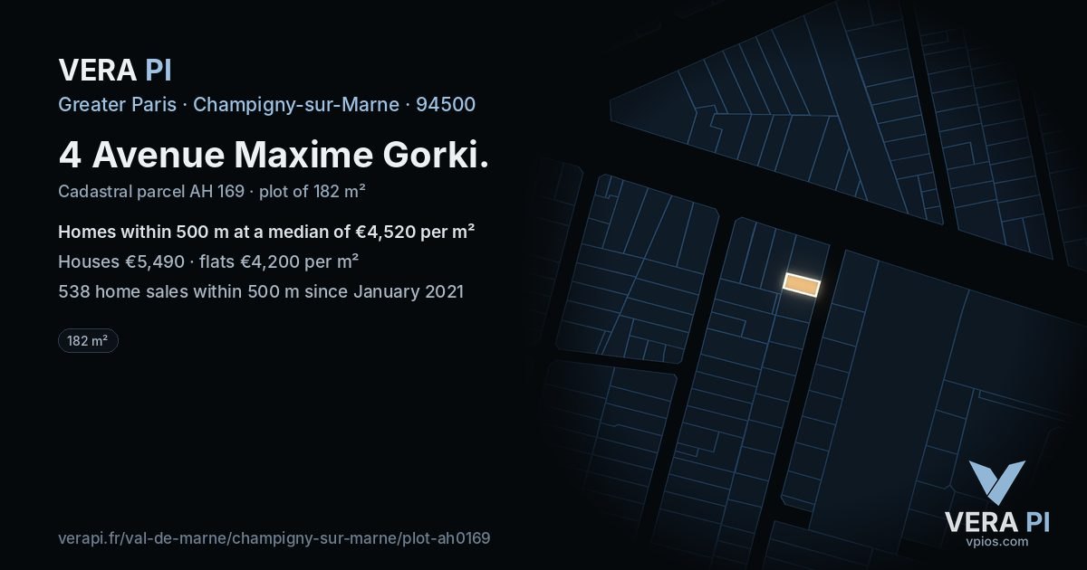 4 Avenue Maxime Gorki, Champigny-sur-Marne at night – the plot lit, the parcels around coloured by the prices near them