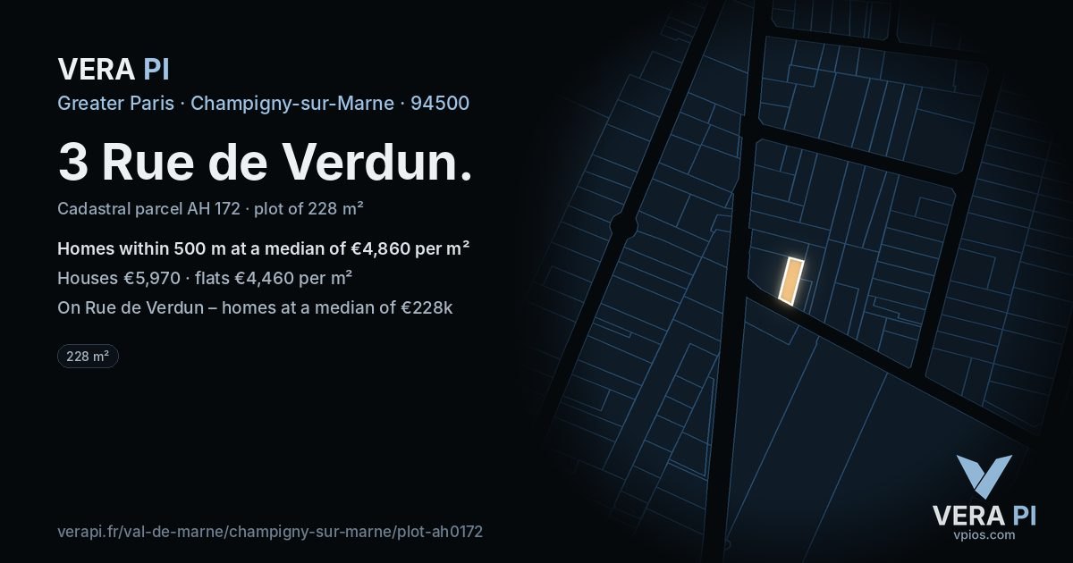 3 Rue de Verdun, Champigny-sur-Marne at night – the plot lit, the parcels around coloured by the prices near them