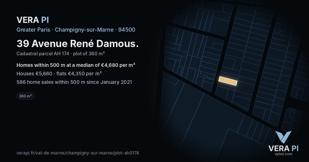 39 Avenue René Damous, Champigny-sur-Marne at night – the plot lit, the parcels around coloured by the prices near them