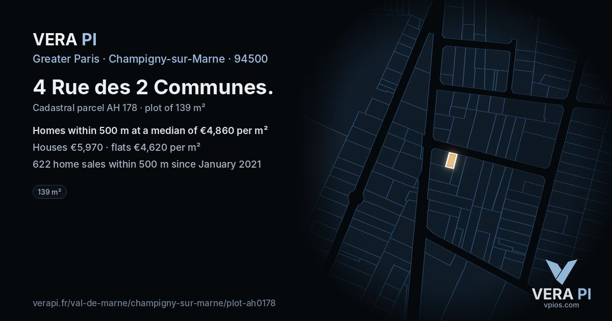 4 Rue des 2 Communes, Champigny-sur-Marne at night – the plot lit, the parcels around coloured by the prices near them