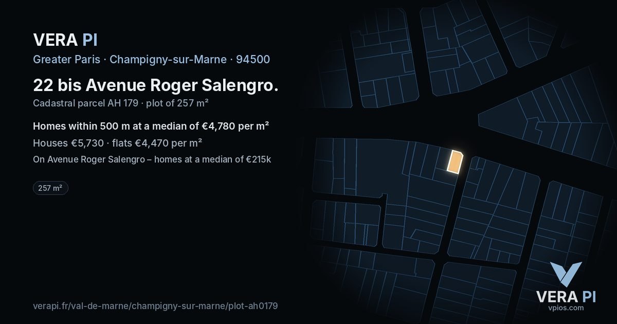 22 bis Avenue Roger Salengro, Champigny-sur-Marne at night – the plot lit, the parcels around coloured by the prices near them