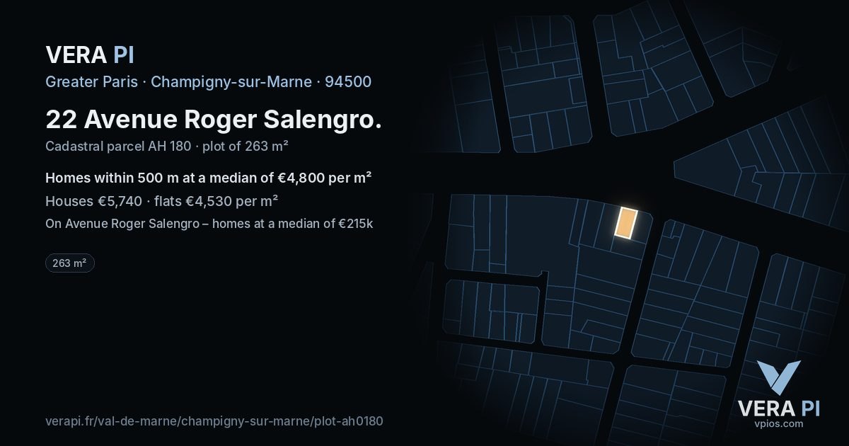 22 Avenue Roger Salengro, Champigny-sur-Marne at night – the plot lit, the parcels around coloured by the prices near them