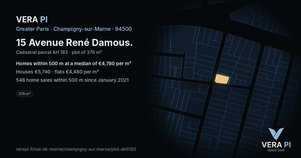 15 Avenue René Damous, Champigny-sur-Marne at night – the plot lit, the parcels around coloured by the prices near them