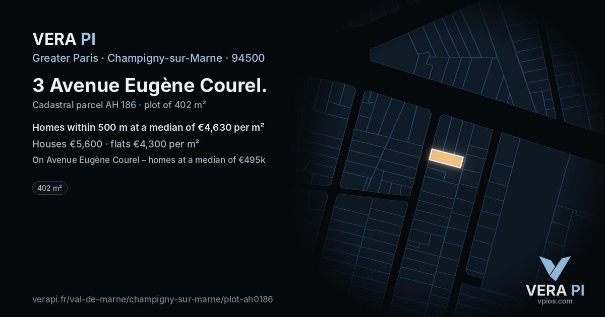 3 Avenue Eugène Courel, Champigny-sur-Marne at night – the plot lit, the parcels around coloured by the prices near them