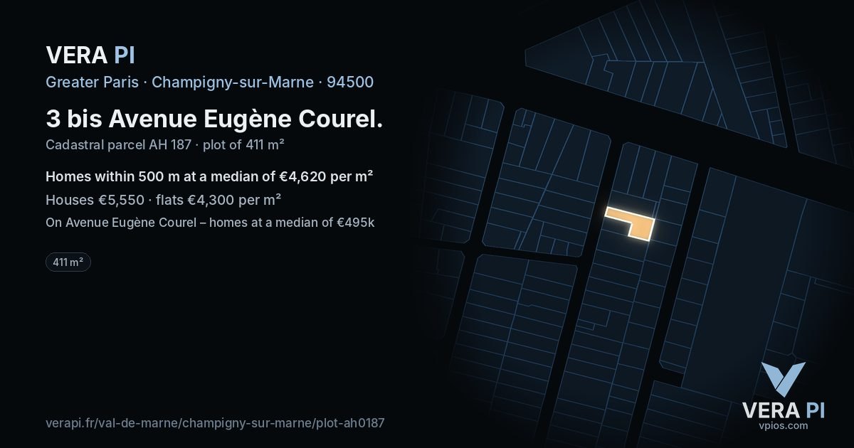 3 bis Avenue Eugène Courel, Champigny-sur-Marne at night – the plot lit, the parcels around coloured by the prices near them