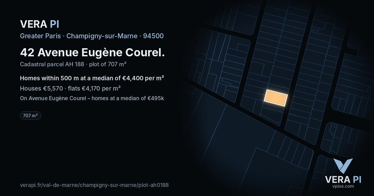 42 Avenue Eugène Courel, Champigny-sur-Marne at night – the plot lit, the parcels around coloured by the prices near them