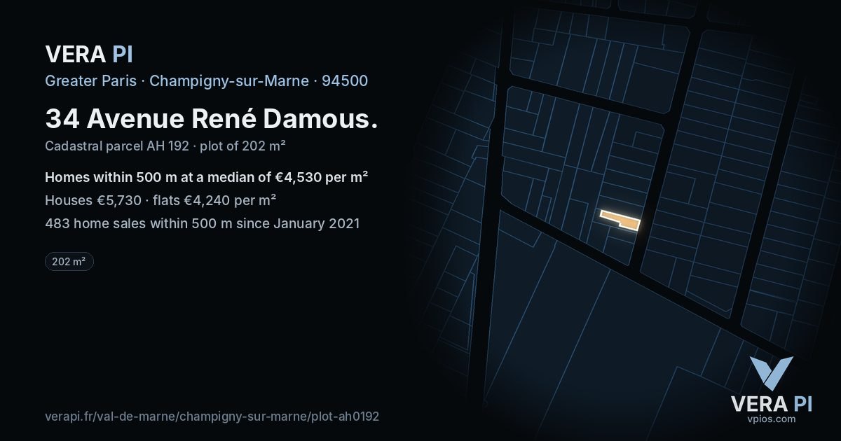 34 Avenue René Damous, Champigny-sur-Marne at night – the plot lit, the parcels around coloured by the prices near them