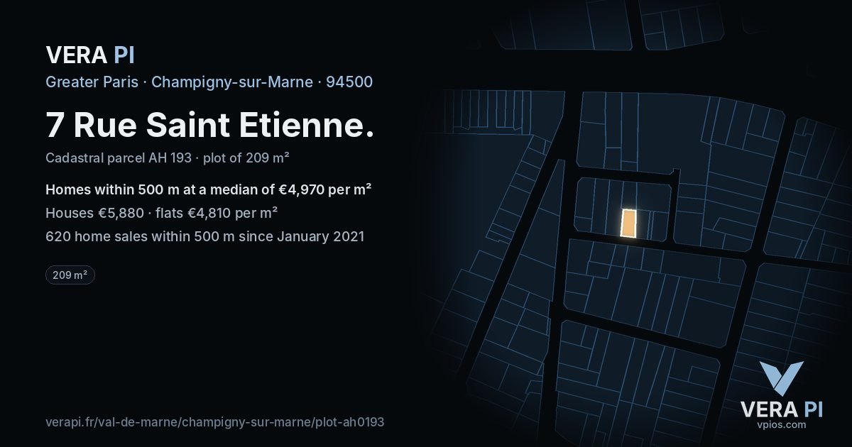 7 Rue Saint Etienne, Champigny-sur-Marne at night – the plot lit, the parcels around coloured by the prices near them