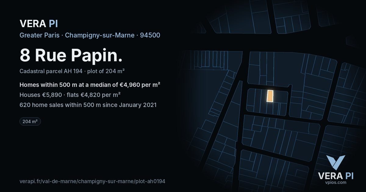 8 Rue Papin, Champigny-sur-Marne at night – the plot lit, the parcels around coloured by the prices near them