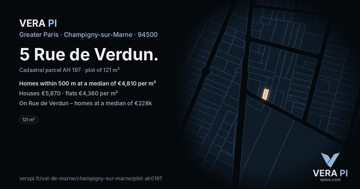 5 Rue de Verdun, Champigny-sur-Marne at night – the plot lit, the parcels around coloured by the prices near them