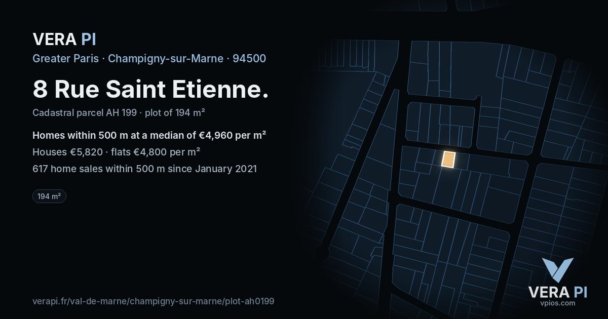8 Rue Saint Etienne, Champigny-sur-Marne at night – the plot lit, the parcels around coloured by the prices near them