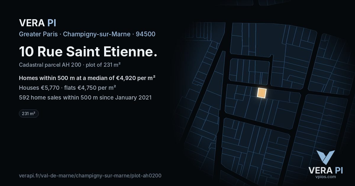 10 Rue Saint Etienne, Champigny-sur-Marne at night – the plot lit, the parcels around coloured by the prices near them
