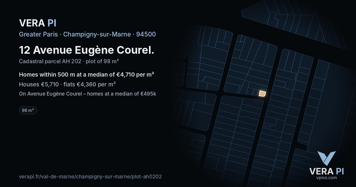 12 Avenue Eugène Courel, Champigny-sur-Marne at night – the plot lit, the parcels around coloured by the prices near them