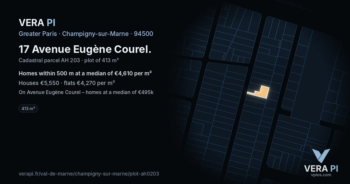 17 Avenue Eugène Courel, Champigny-sur-Marne at night – the plot lit, the parcels around coloured by the prices near them