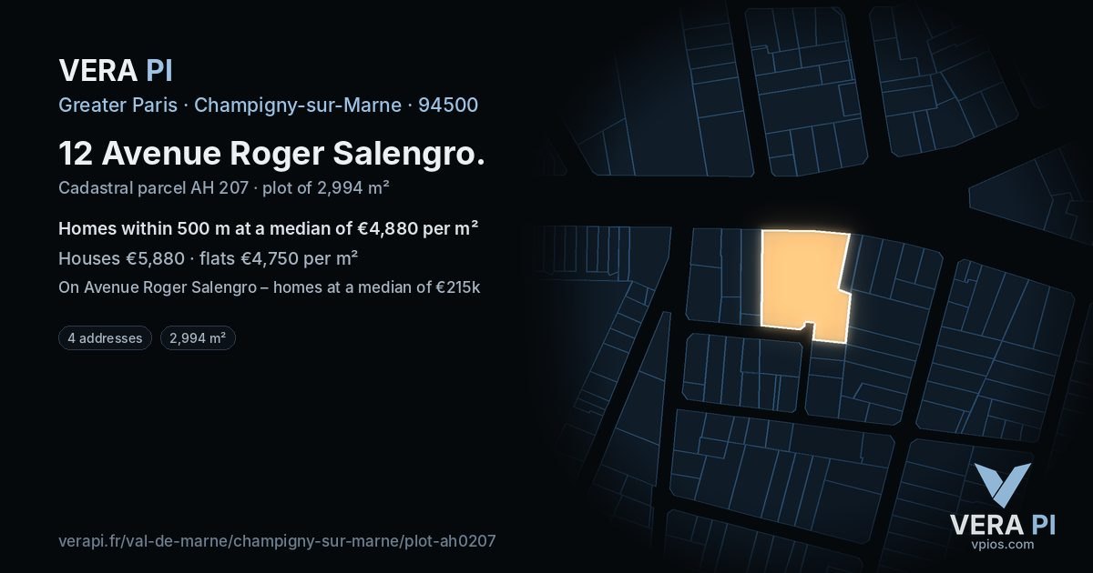 12 Avenue Roger Salengro, Champigny-sur-Marne at night – the plot lit, the parcels around coloured by the prices near them
