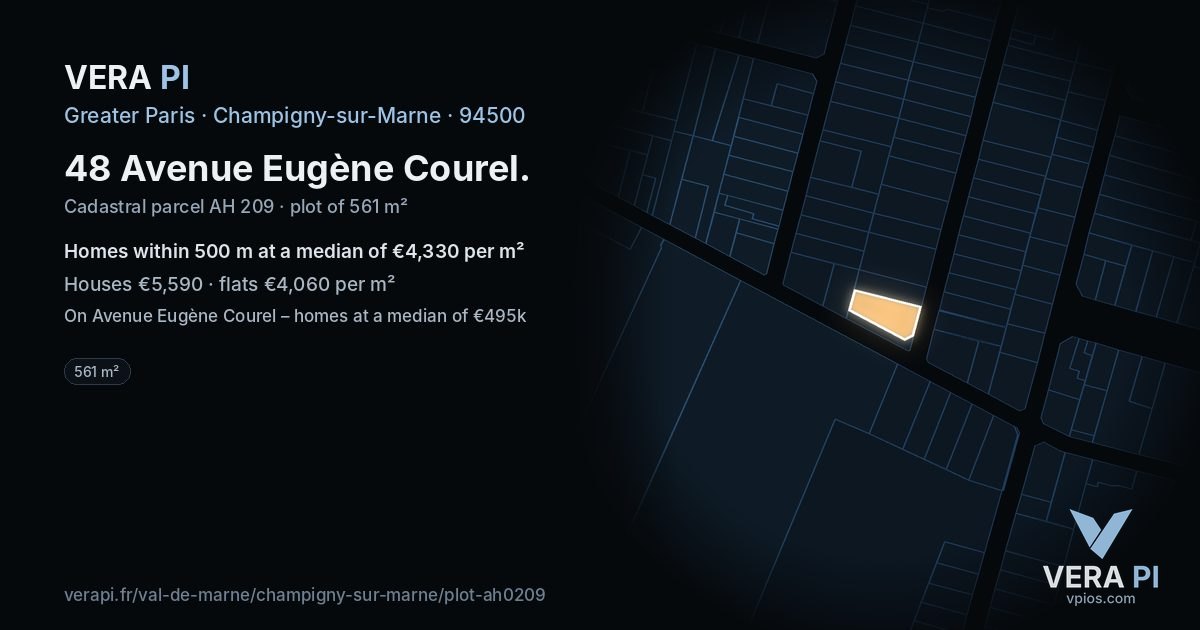 48 Avenue Eugène Courel, Champigny-sur-Marne at night – the plot lit, the parcels around coloured by the prices near them