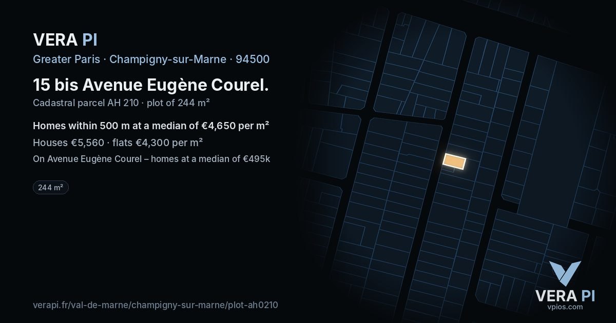 15 bis Avenue Eugène Courel, Champigny-sur-Marne at night – the plot lit, the parcels around coloured by the prices near them