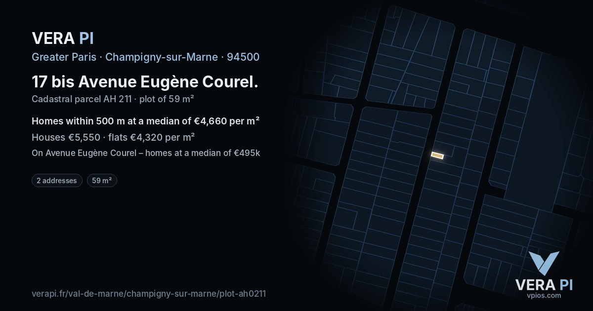 17 bis Avenue Eugène Courel, Champigny-sur-Marne at night – the plot lit, the parcels around coloured by the prices near them