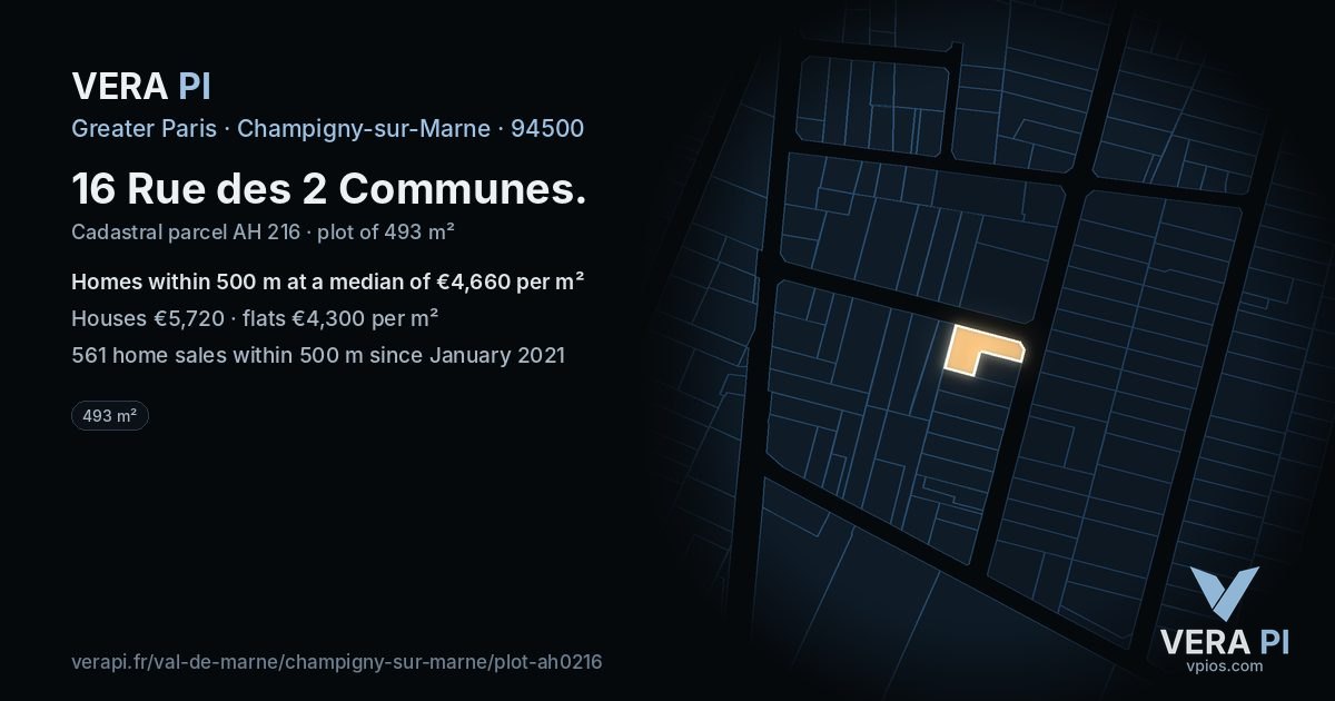 16 Rue des 2 Communes, Champigny-sur-Marne at night – the plot lit, the parcels around coloured by the prices near them