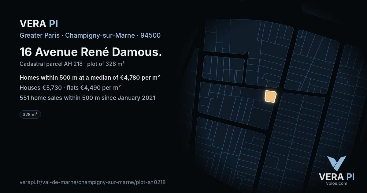 16 Avenue René Damous, Champigny-sur-Marne at night – the plot lit, the parcels around coloured by the prices near them
