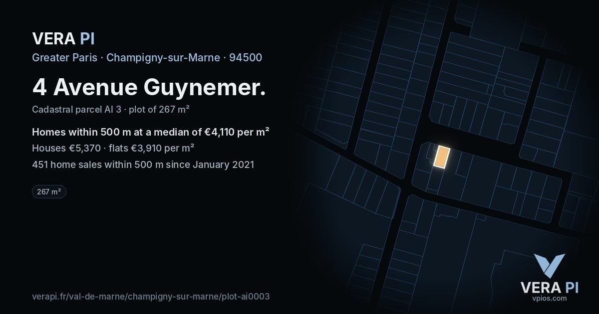 4 Avenue Guynemer, Champigny-sur-Marne at night – the plot lit, the parcels around coloured by the prices near them