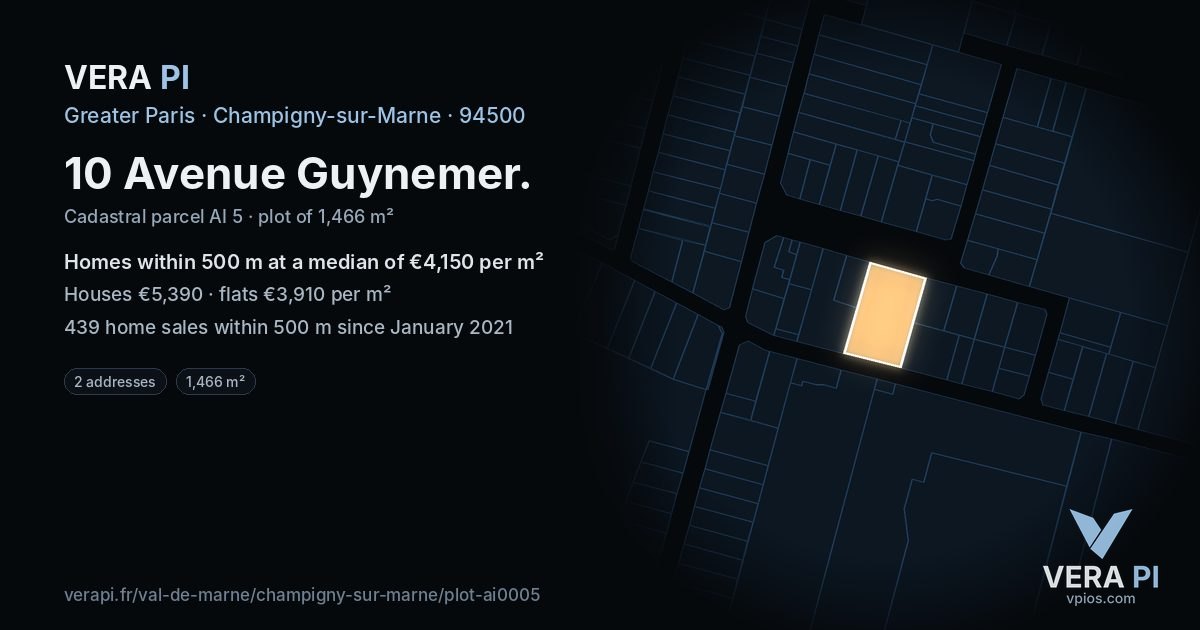 10 Avenue Guynemer, Champigny-sur-Marne at night – the plot lit, the parcels around coloured by the prices near them